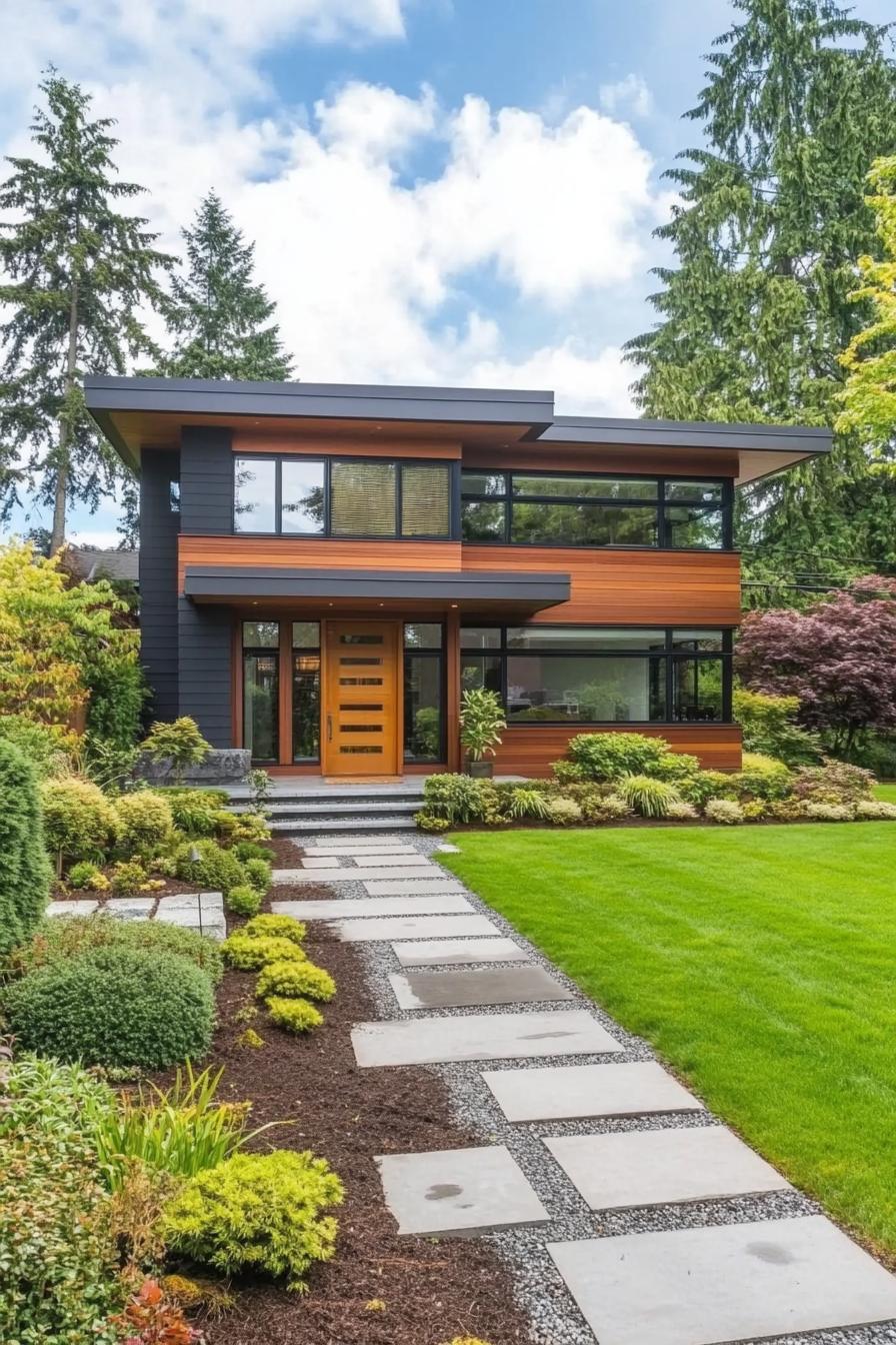 Modern house with wood accents and large windows surrounded by lush greenery