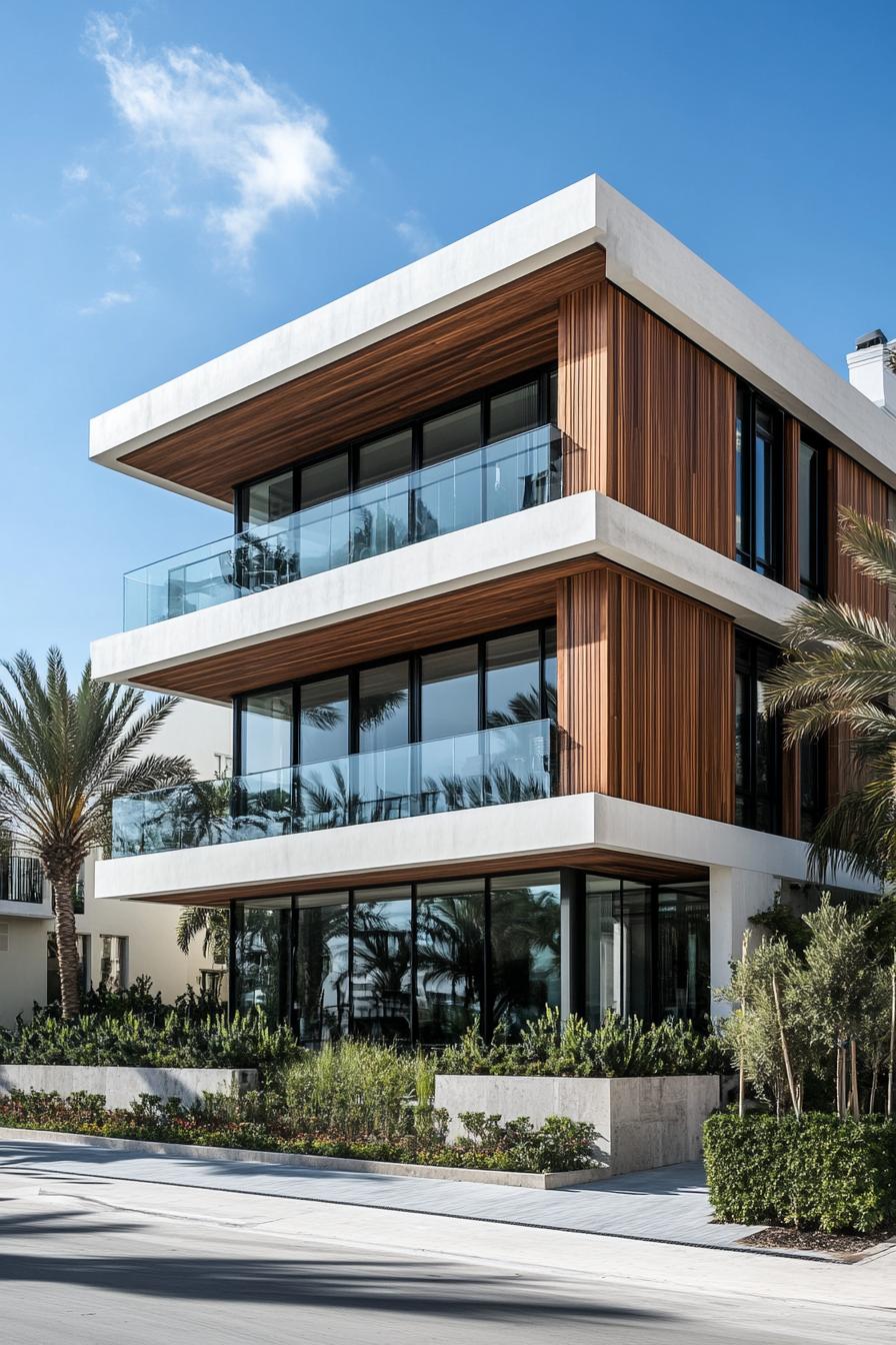 Modern building with wooden accents and glass balconies