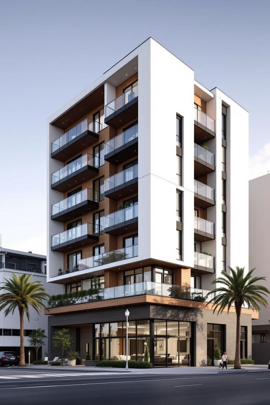 Stylish apartment building with balconies and palm trees