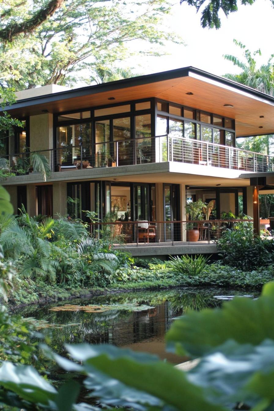 Modern house surrounded by greenery and a pond