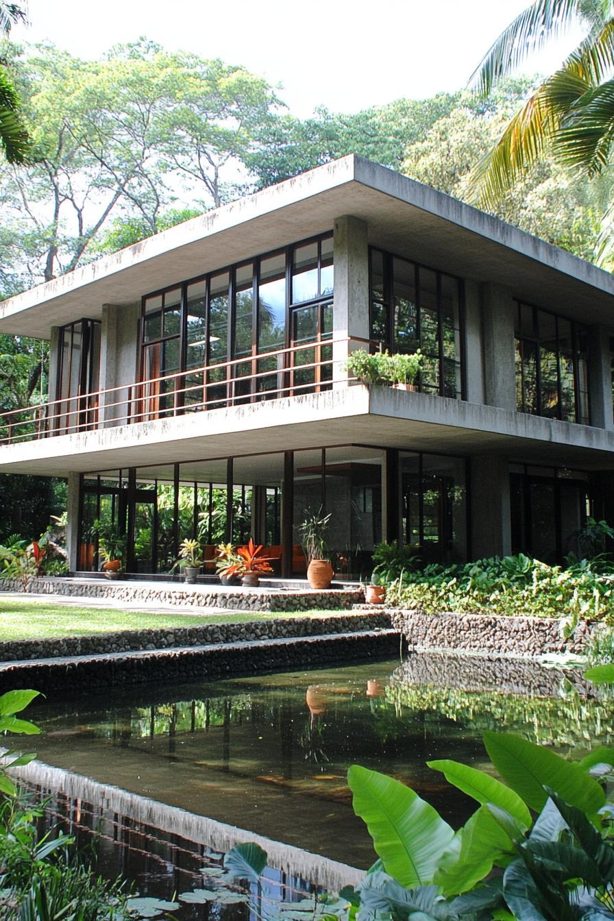 Modern house with lush greenery and reflections on water