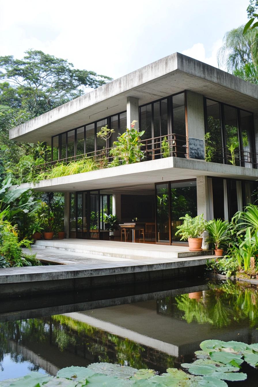 Modern house with lush greenery and water feature