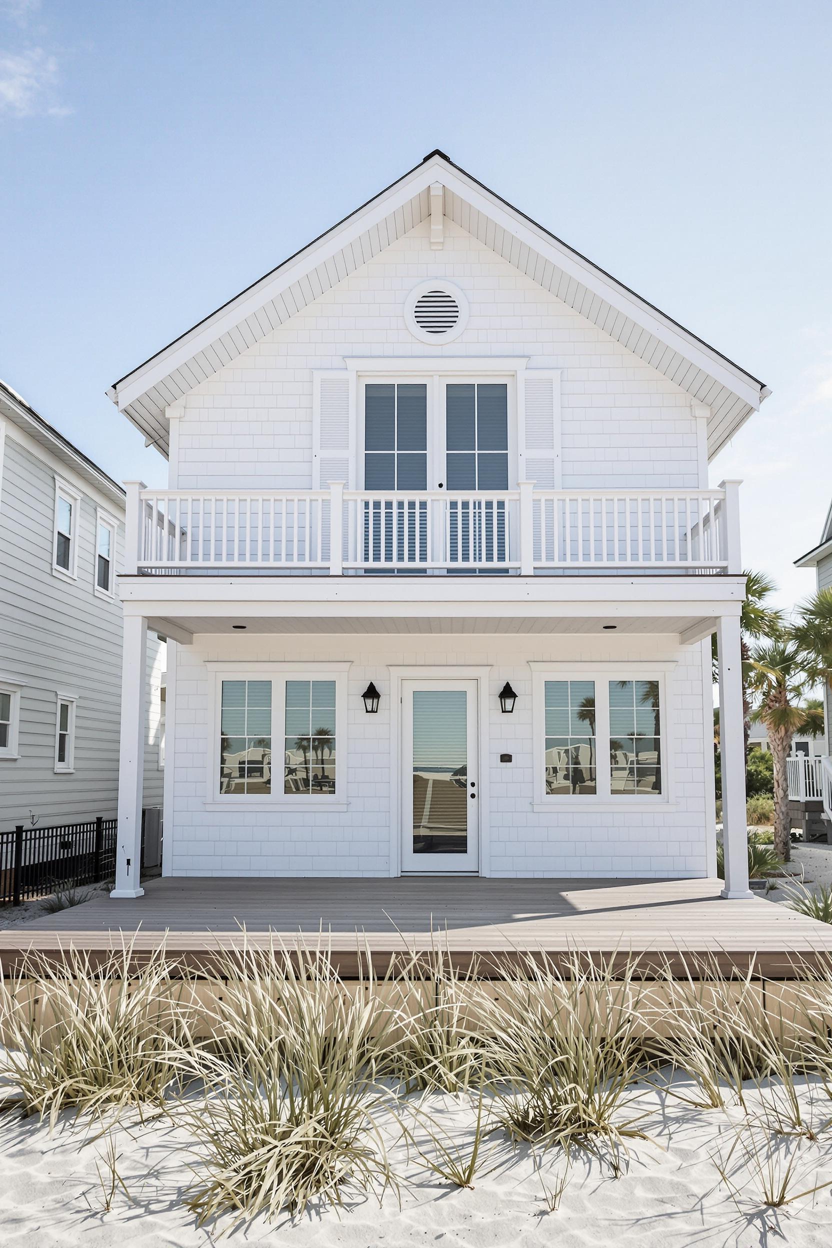 White beach house with a porch and balcony