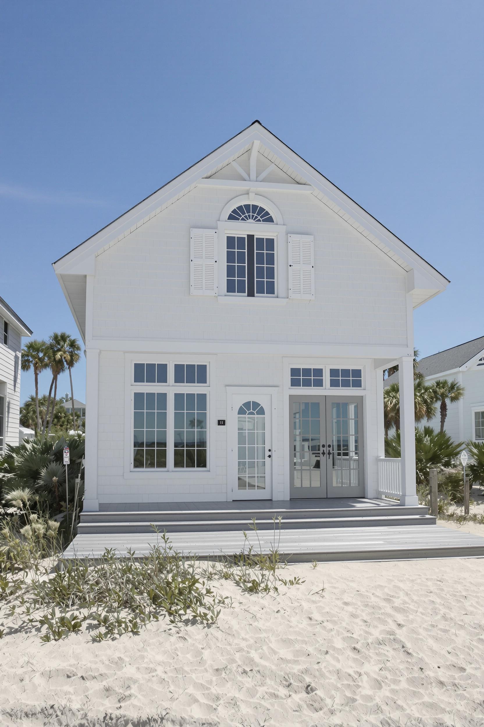 White house with arched windows on sandy beach