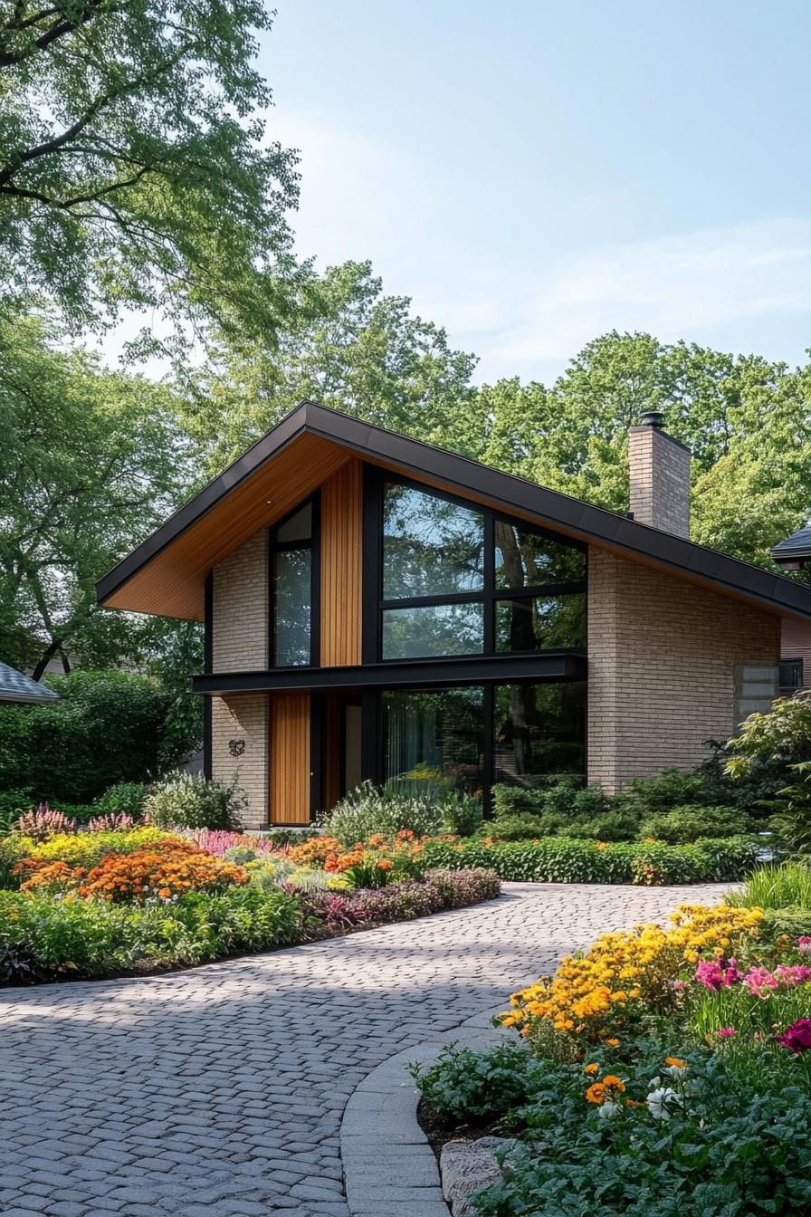 Modern A-frame house with a lush garden