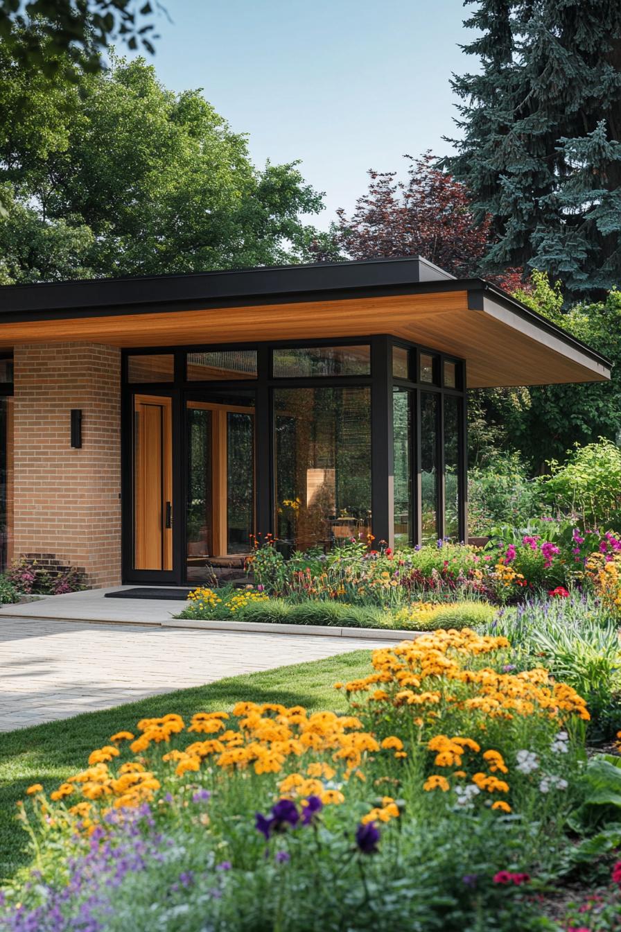 Modern bungalow surrounded by vibrant garden