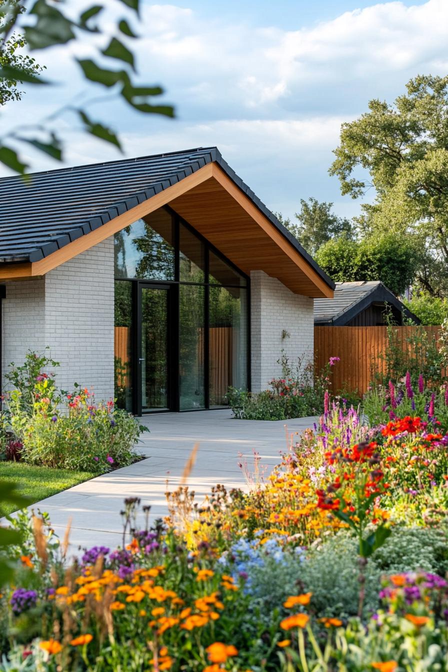 Modern house with lush garden, large windows, and a slanted roof