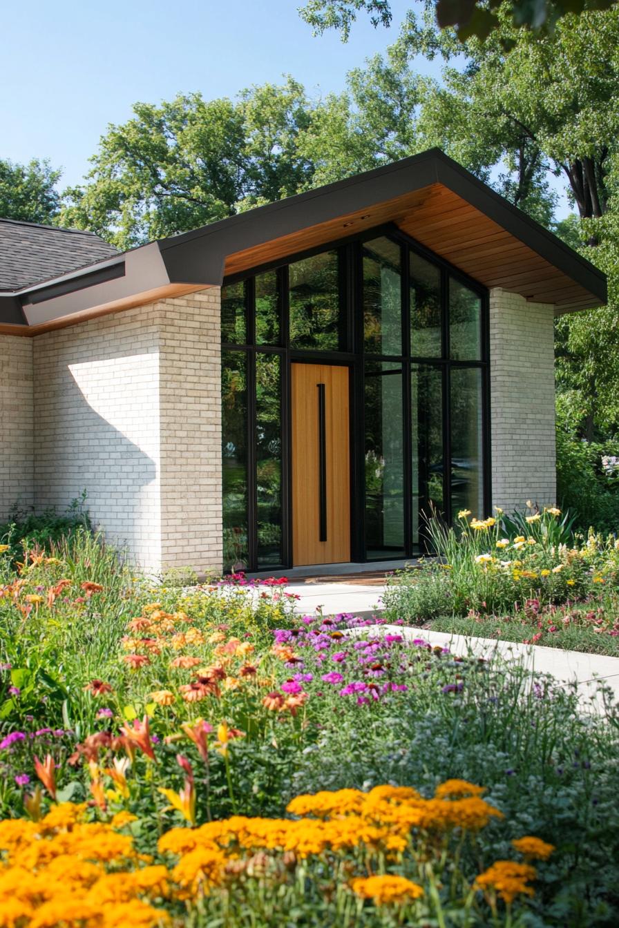 A modern house with floor-to-ceiling windows and colorful flowers