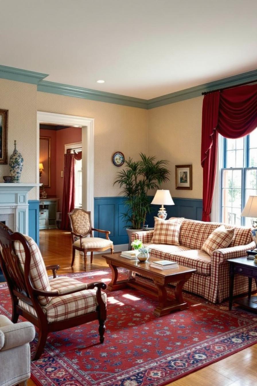 Colonial living room with plaid furniture and a red rug