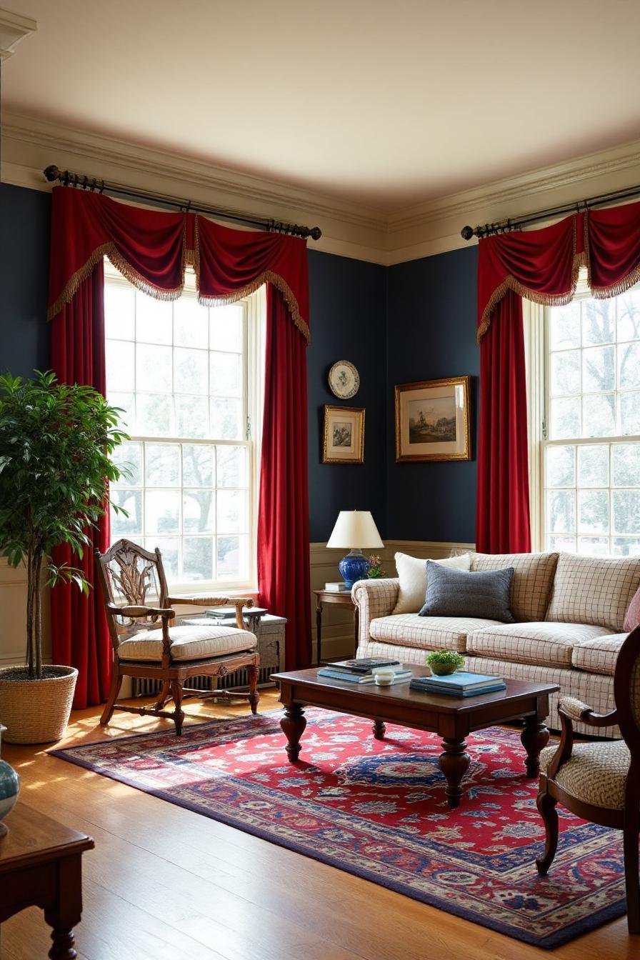 Colonial living room with red curtains and classic furniture