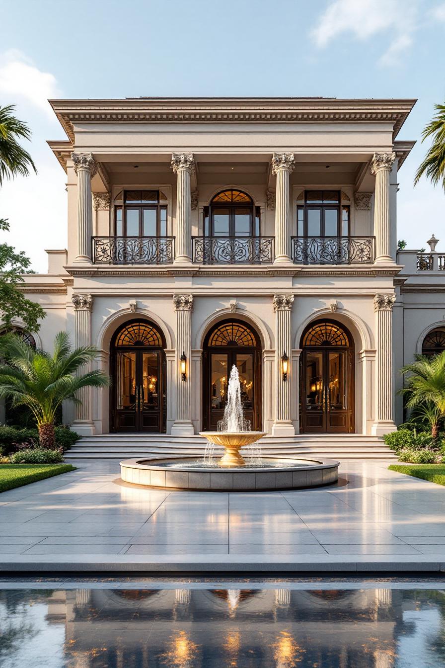 Elegant two-story mansion with tall columns and central fountain