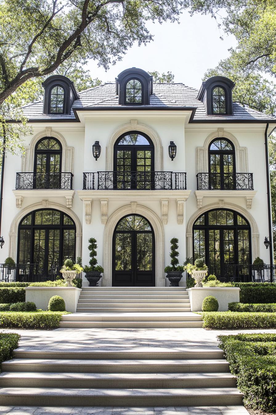 Grand estate with elegant arched windows and balconies