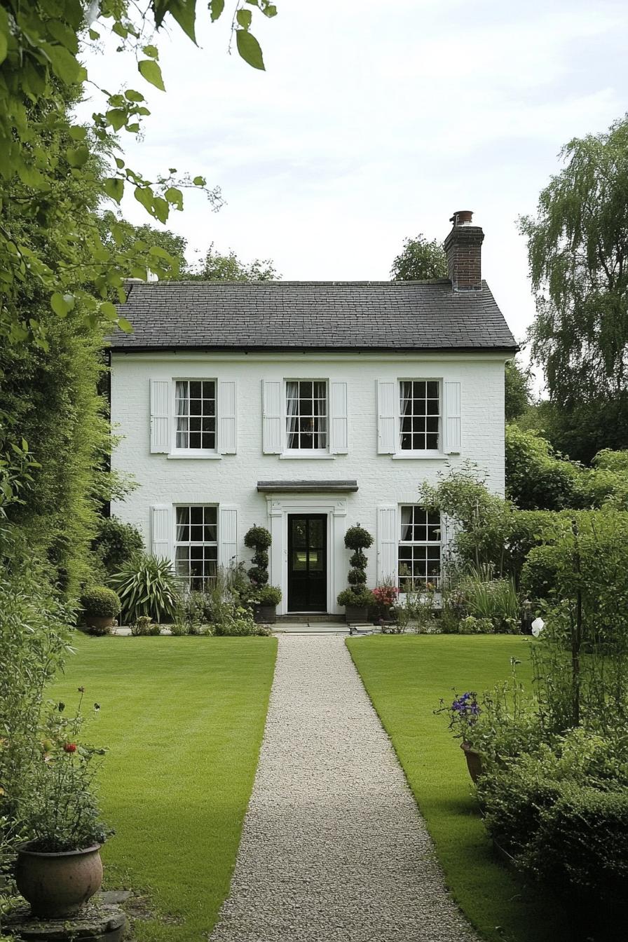 White Georgian home with manicured lawn and garden path