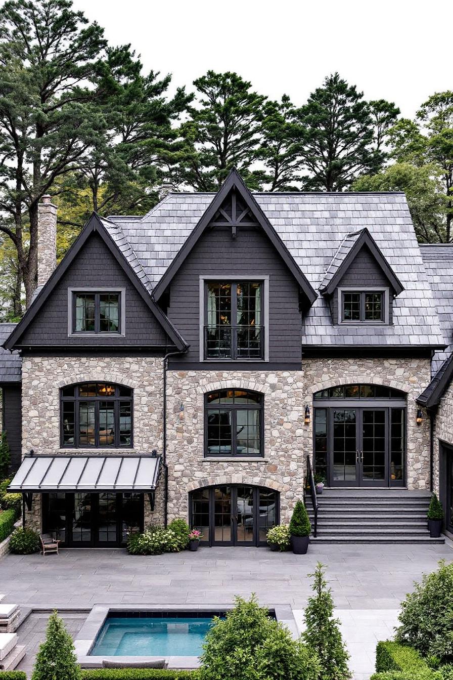 Elegant stone house with peaked roofs surrounded by trees