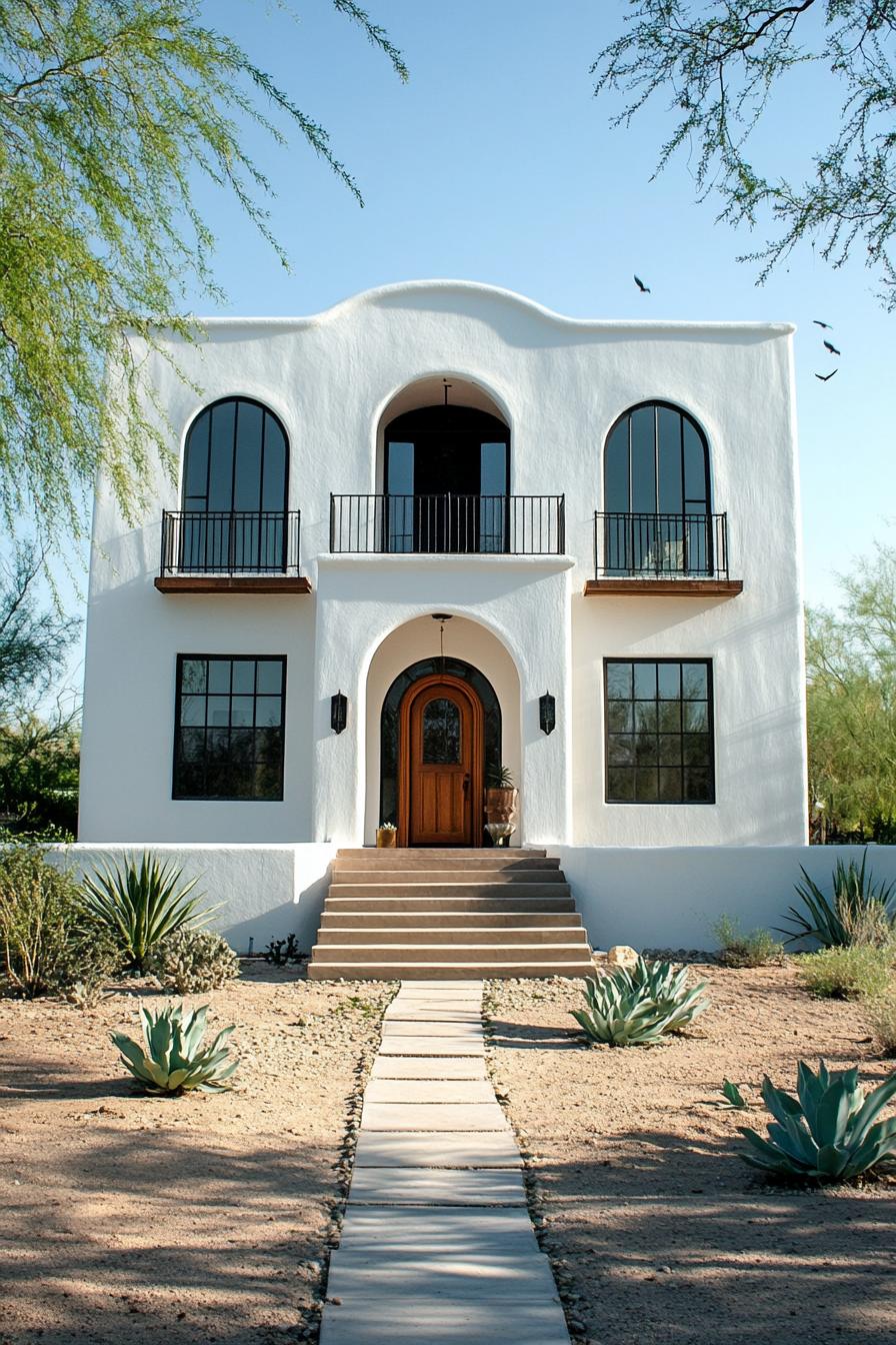 White stucco house with arched windows and desert landscaping