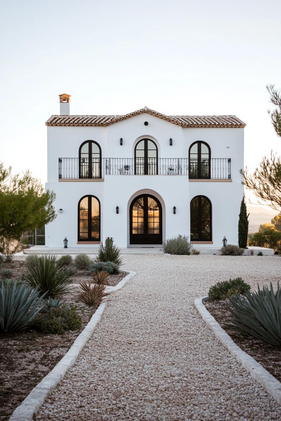 White Mediterranean house with arched windows and stone pathway