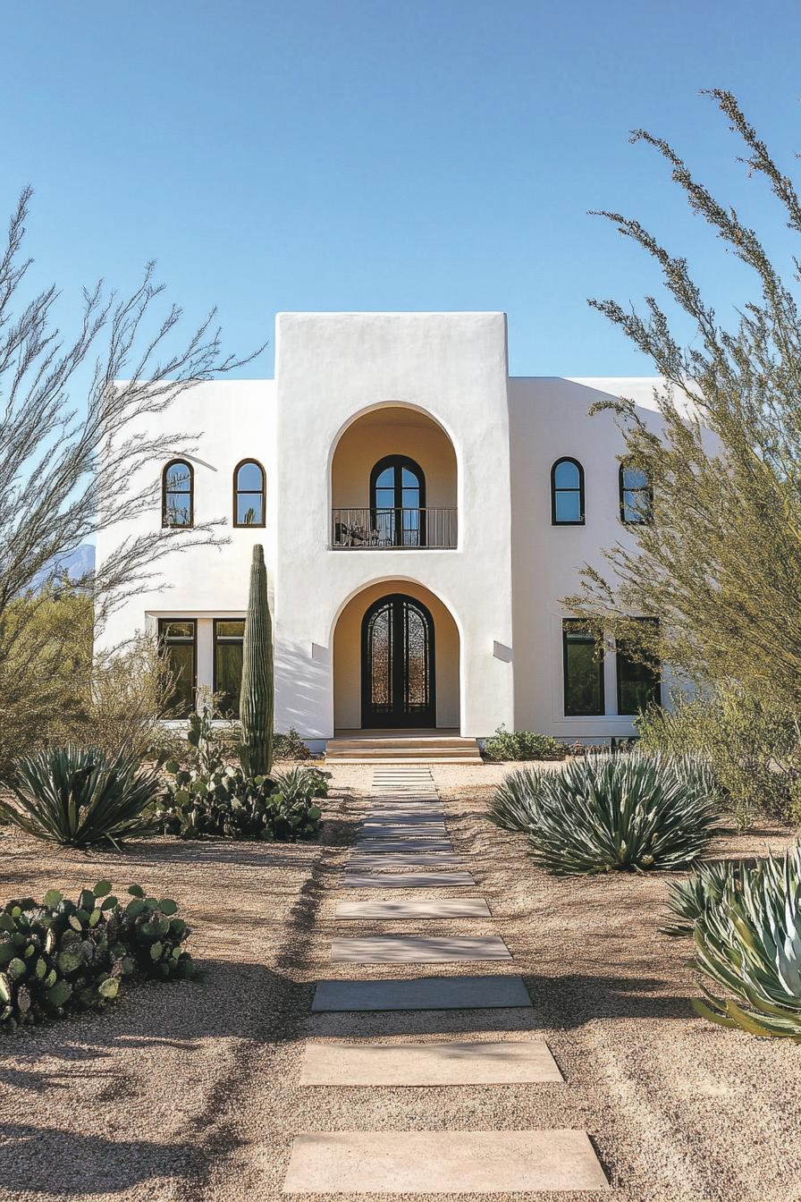 Contemporary desert house with arched windows and rustic landscaping