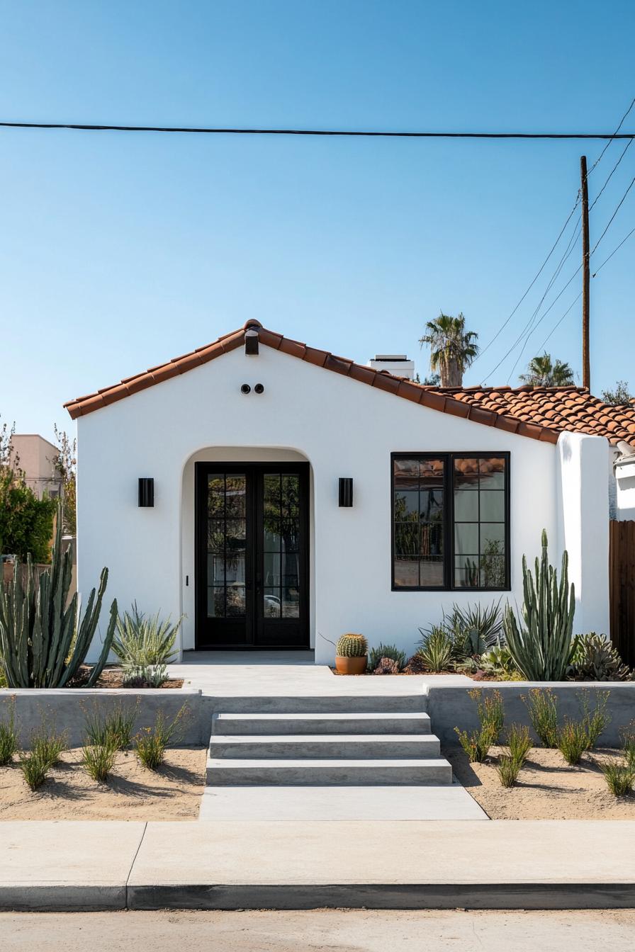 Clay-tiled roof tops a bright white bungalow