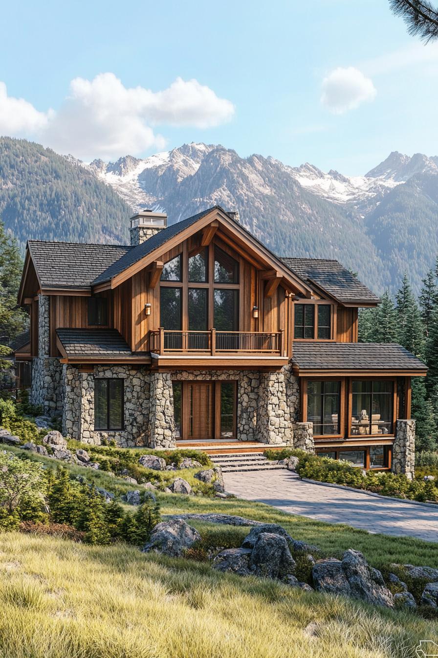 Charming stone and wood mountain house with scenic backdrop