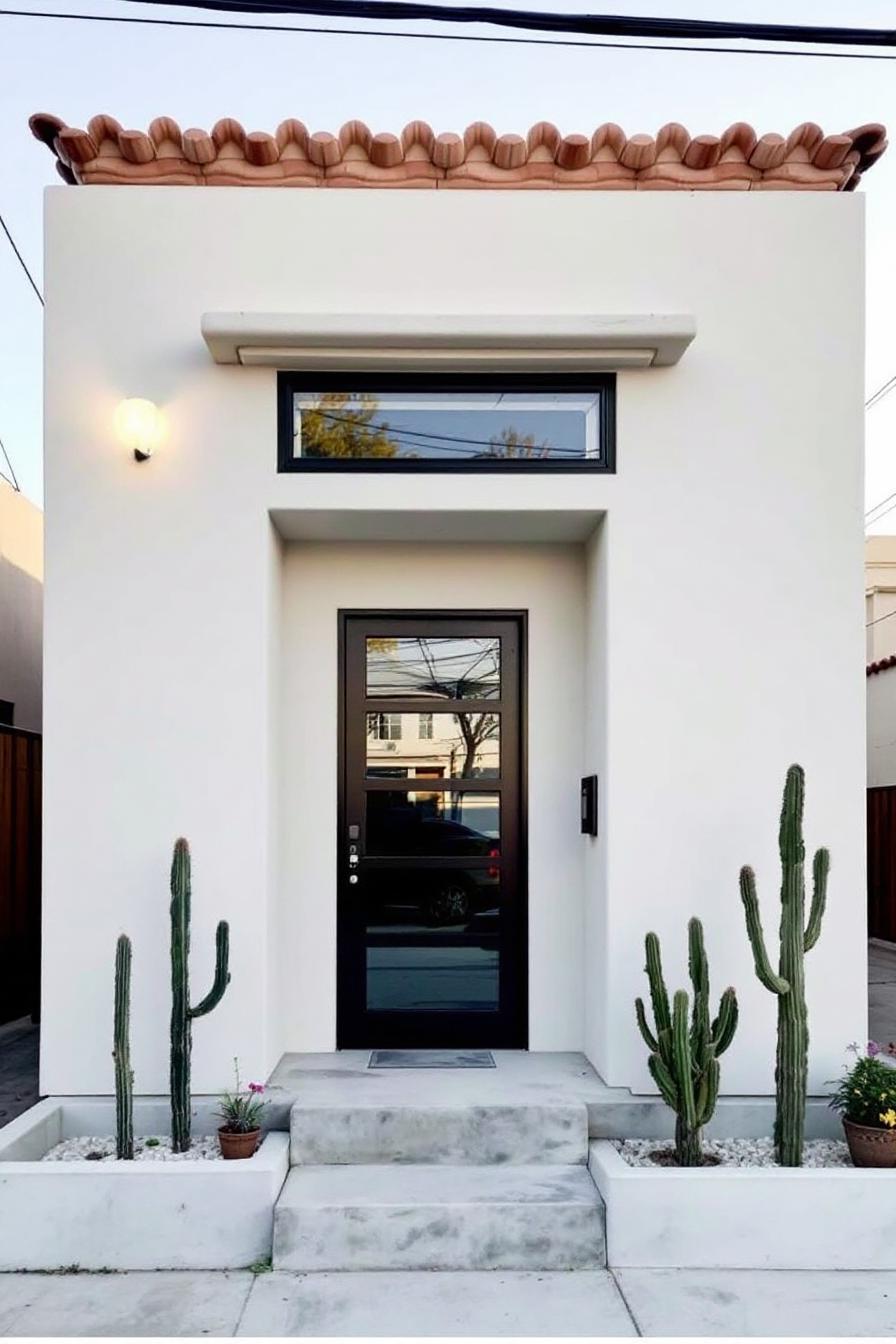 Modern Spanish bungalow entrance with cacti