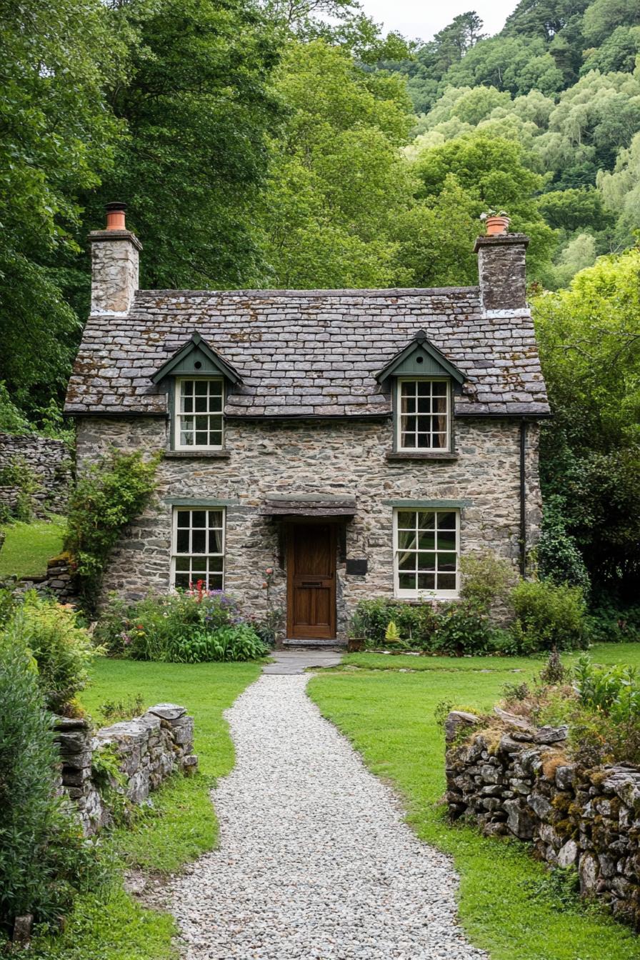 Cozy stone cottage with lush surroundings