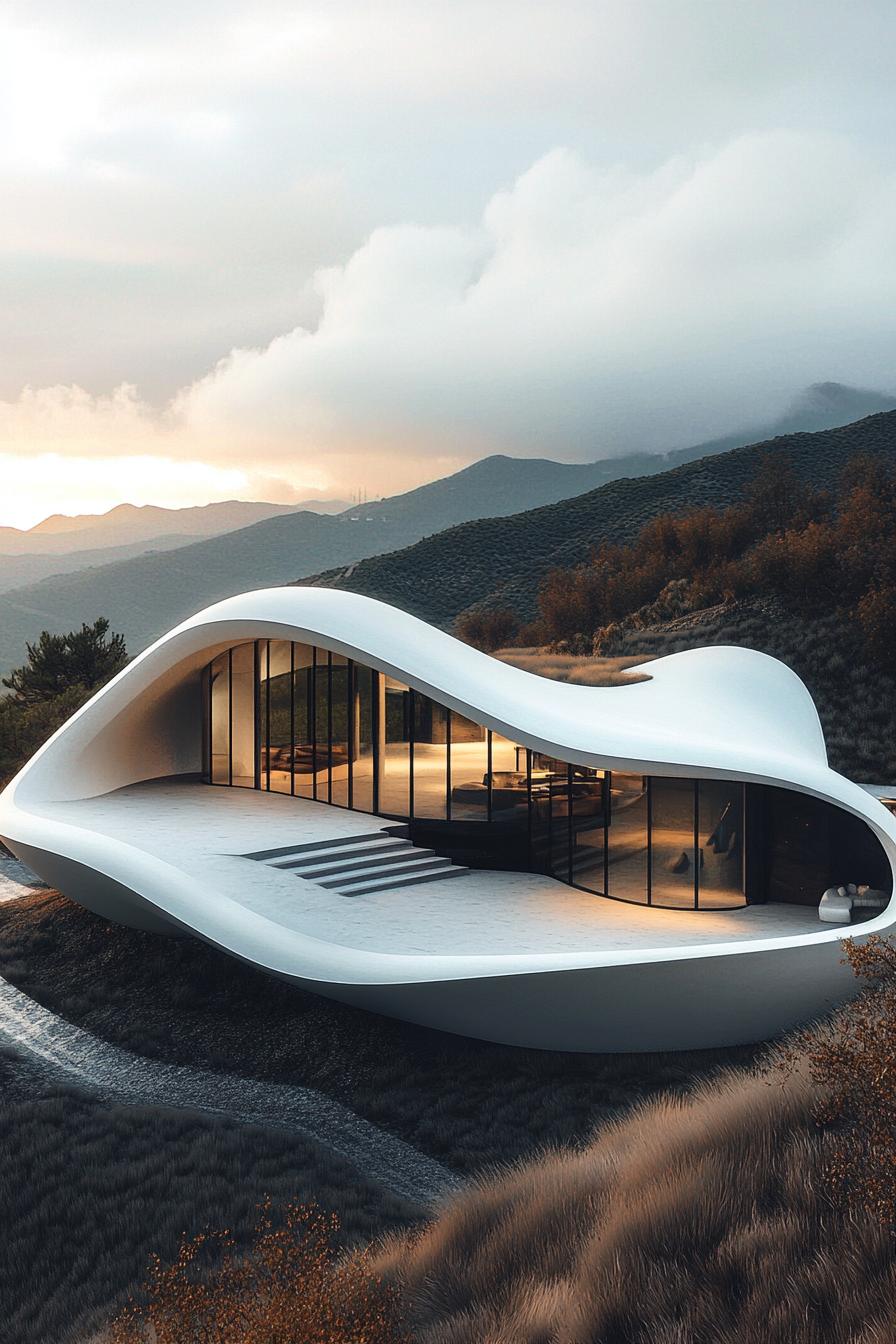 Futuristic home with curvy design in a hilly landscape at sunset