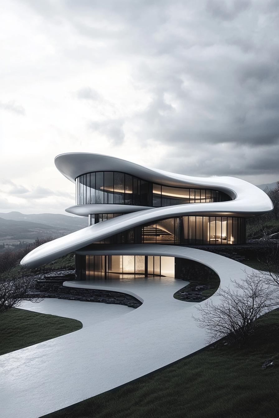 Futuristic architecture house curved and flowing facade dynamic wave like shape smooth metallic and glass materials flat roof sections large 2