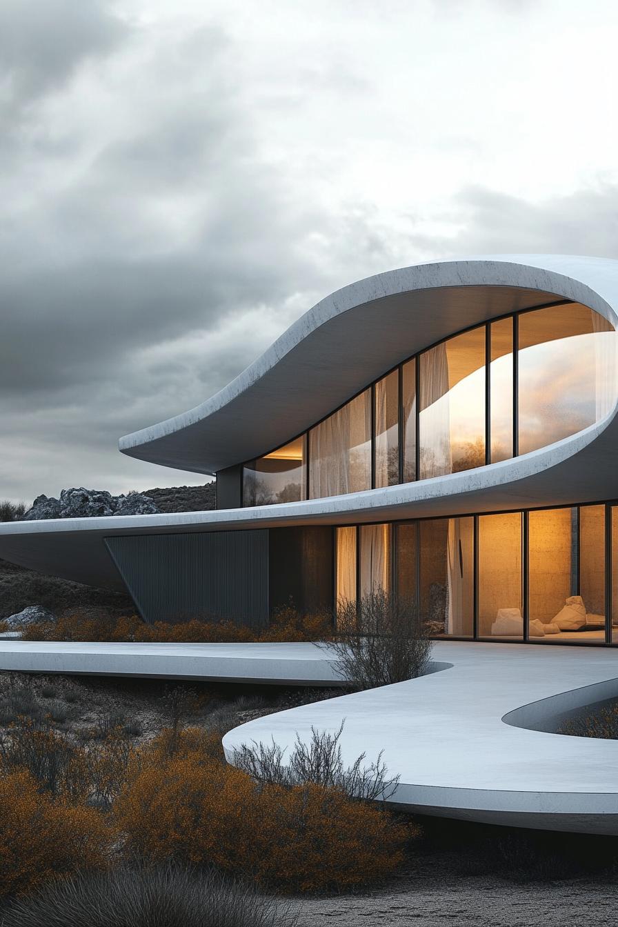 Futuristic house with wavy architecture and large windows