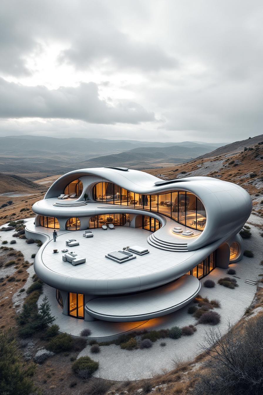 Futuristic home with smooth, wavy design on a hillside