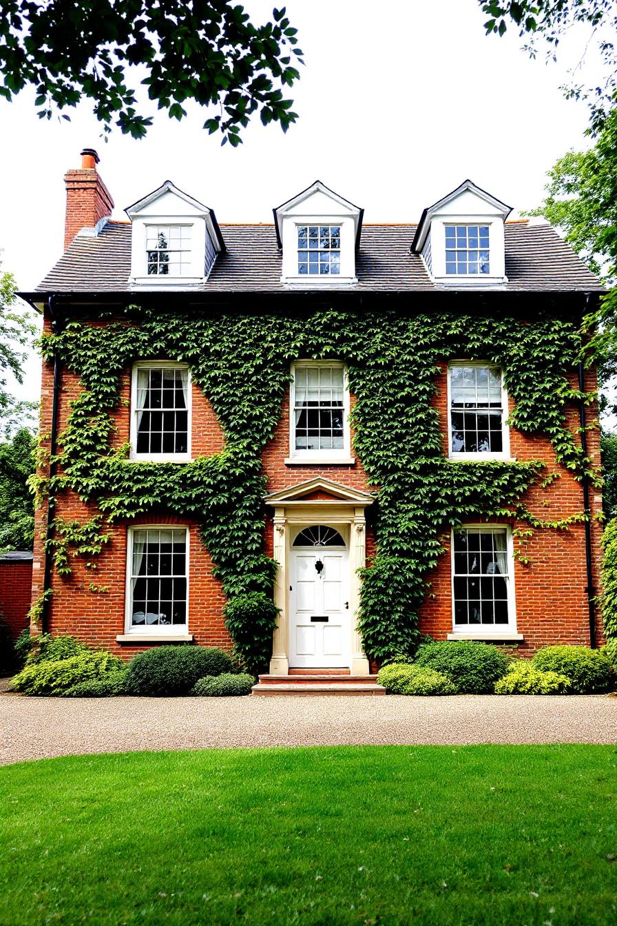 Elegant red-brick Georgian house with ivy