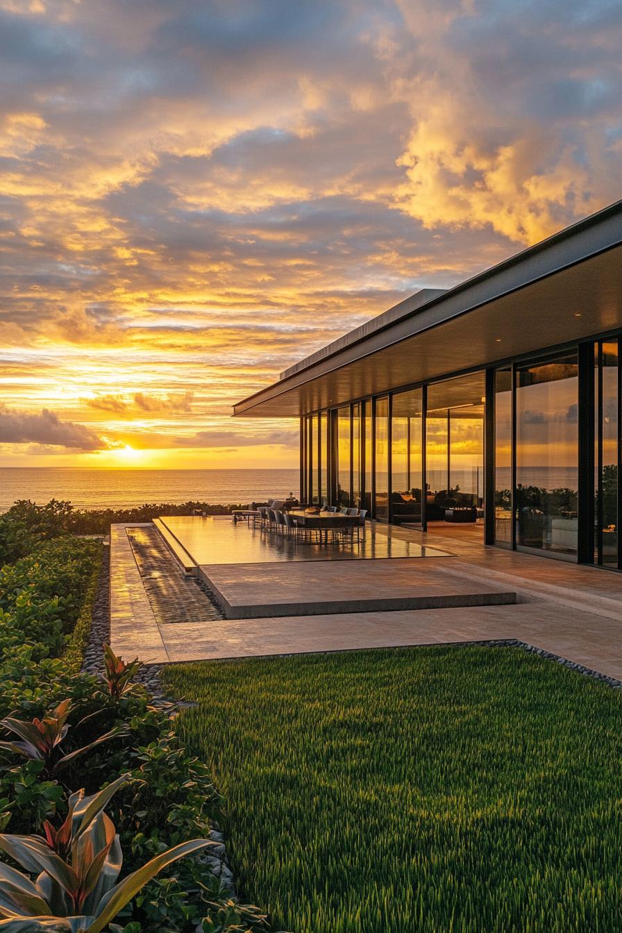 Luxurious beach house on beachfront elongated rectangular single story facade glass paneling along most parts metal and stone materials flat roof 1