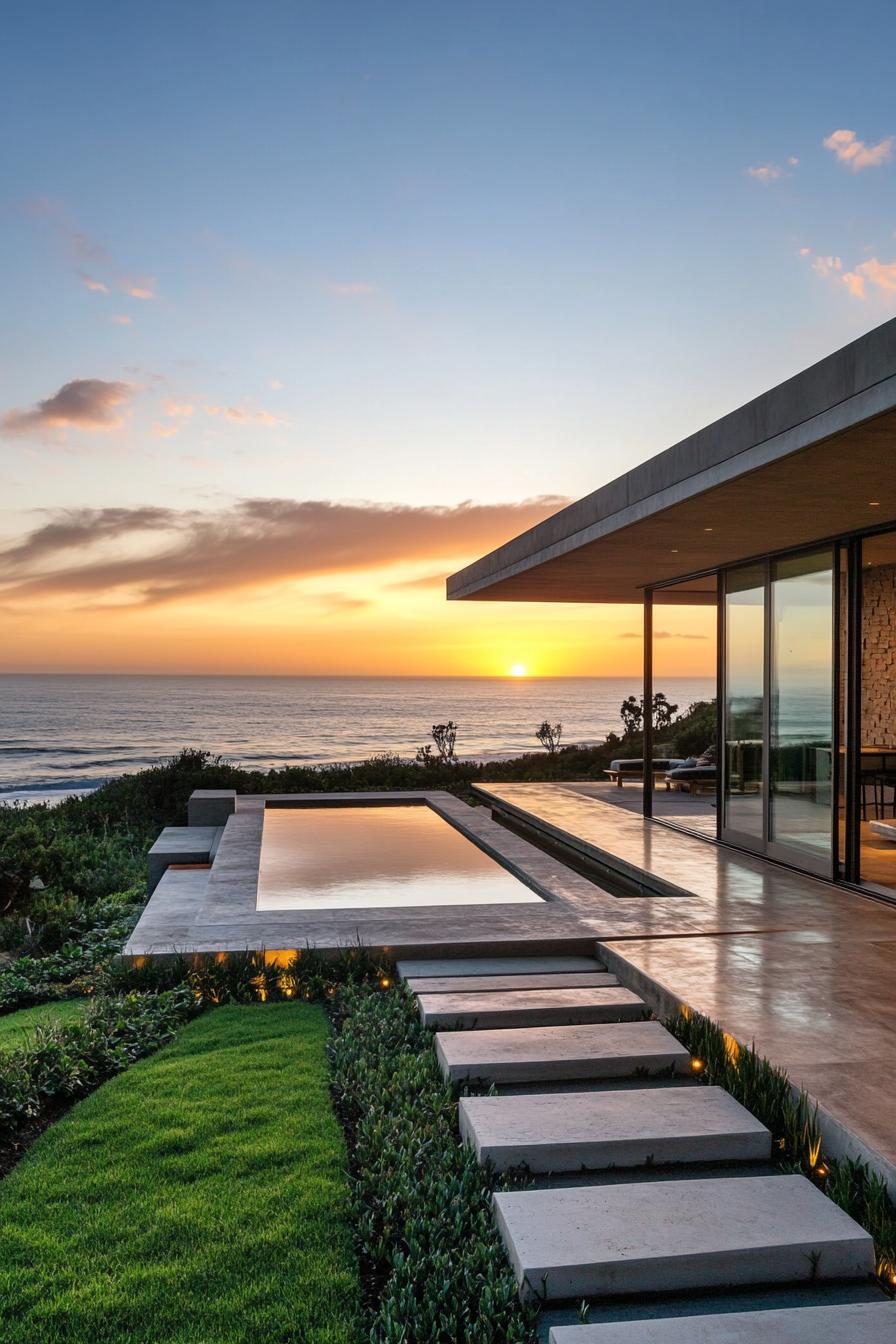 Modern beach house with a pool overlooking the ocean at sunset