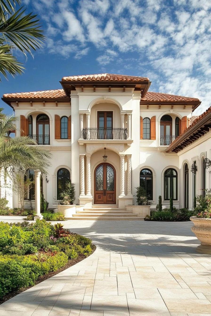 Ornate facade of a Mediterranean villa with terracotta roof