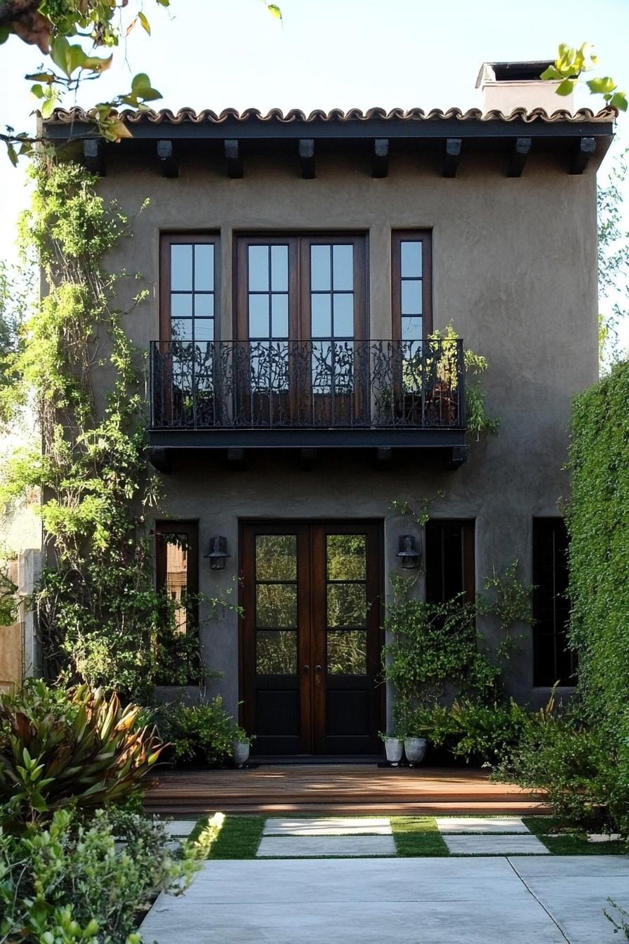 Two-story villa covered in climbing ivy with wooden doors and balcony