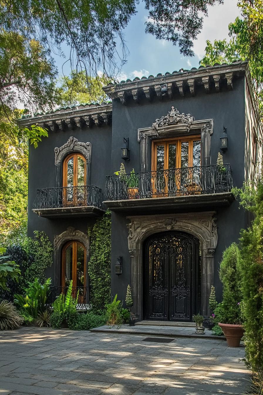 Two-Story House with Ornate Ironwork and Vines