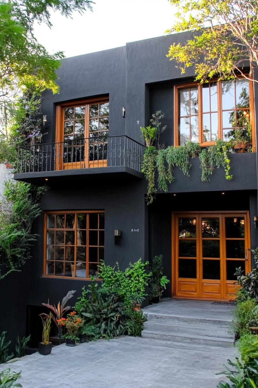 Modern Mexican house with black facade and wooden accents