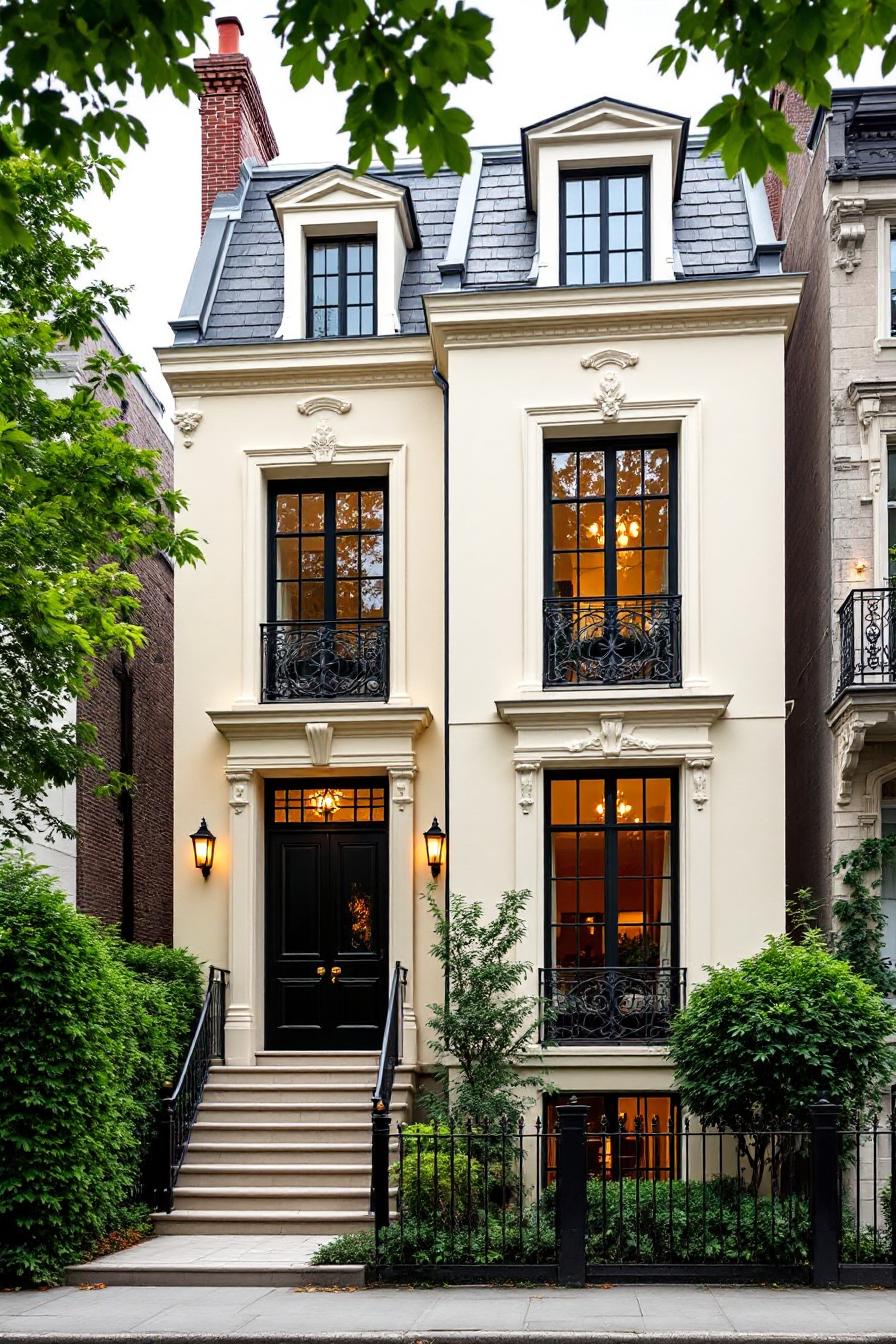 Elegant French home with black door and windows