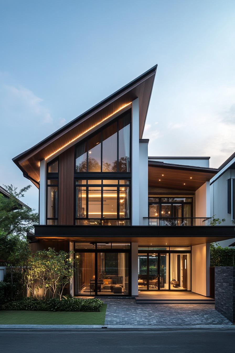 Modern Thai house with tall windows and a sloped roof