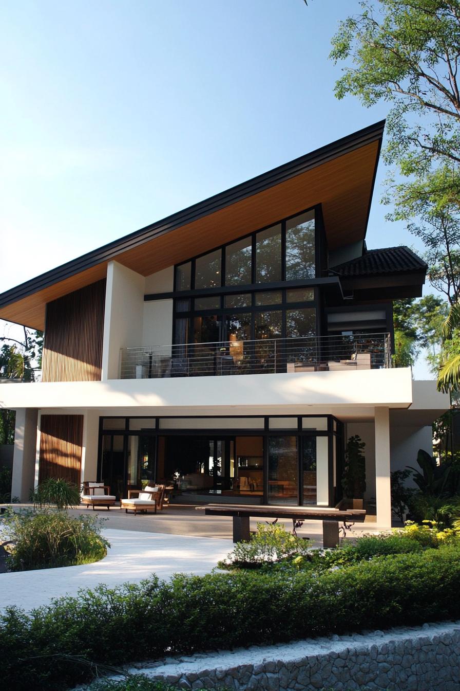 Modern Thai house with large windows and sloped roof