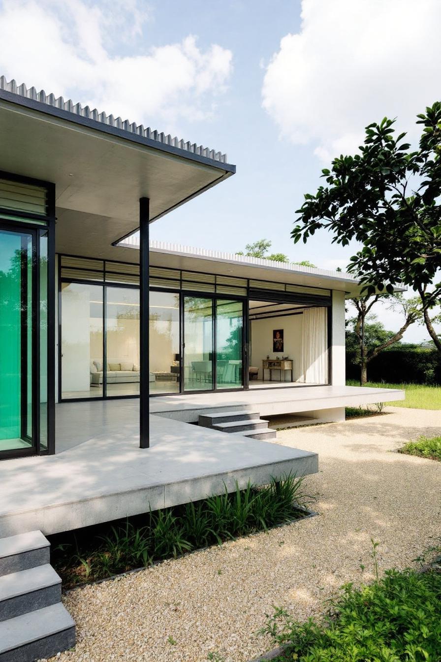 Modern Thai house with glass walls and greenery