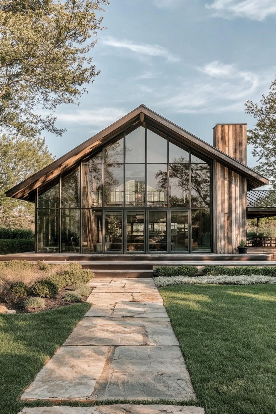 Modern barndominium with glass facade and wooden accents