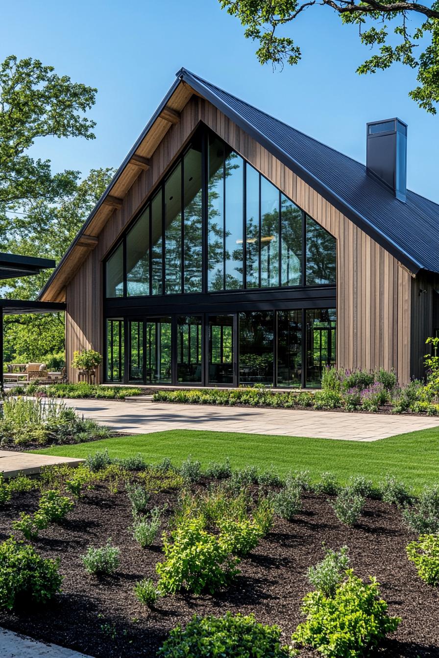 Stunning A-frame barndominium with large glass windows and wooden panels