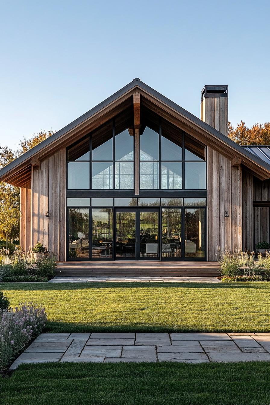 Wooden barndominium with large windows and a chimney