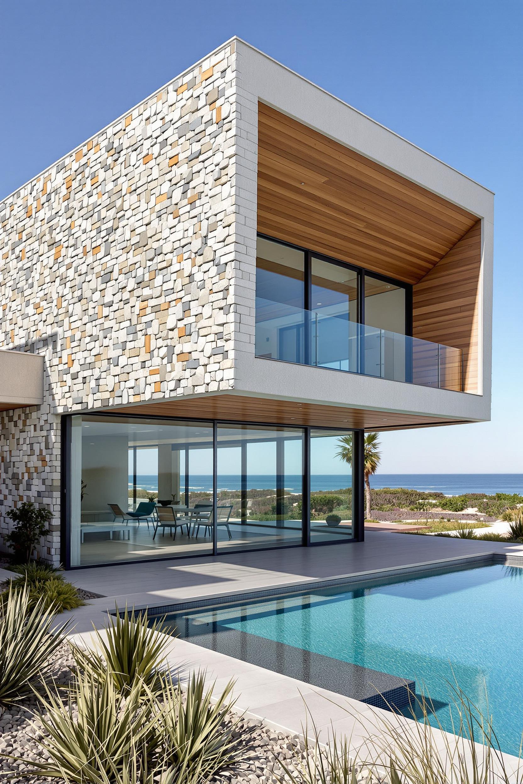 Modern beach house with stone facade and pool