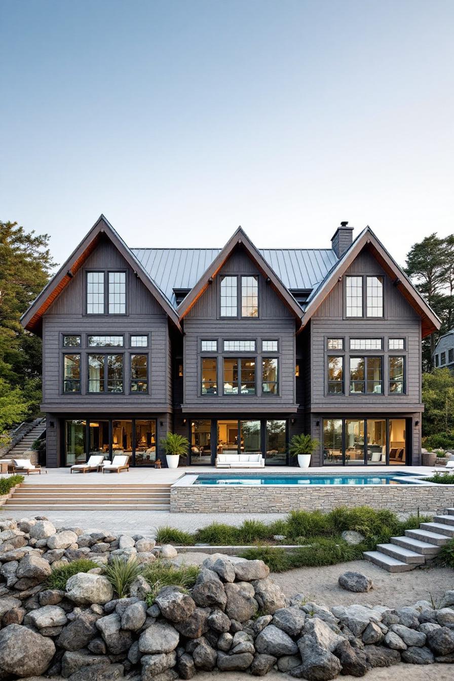 Modern beach house with three gabled roofs and pool