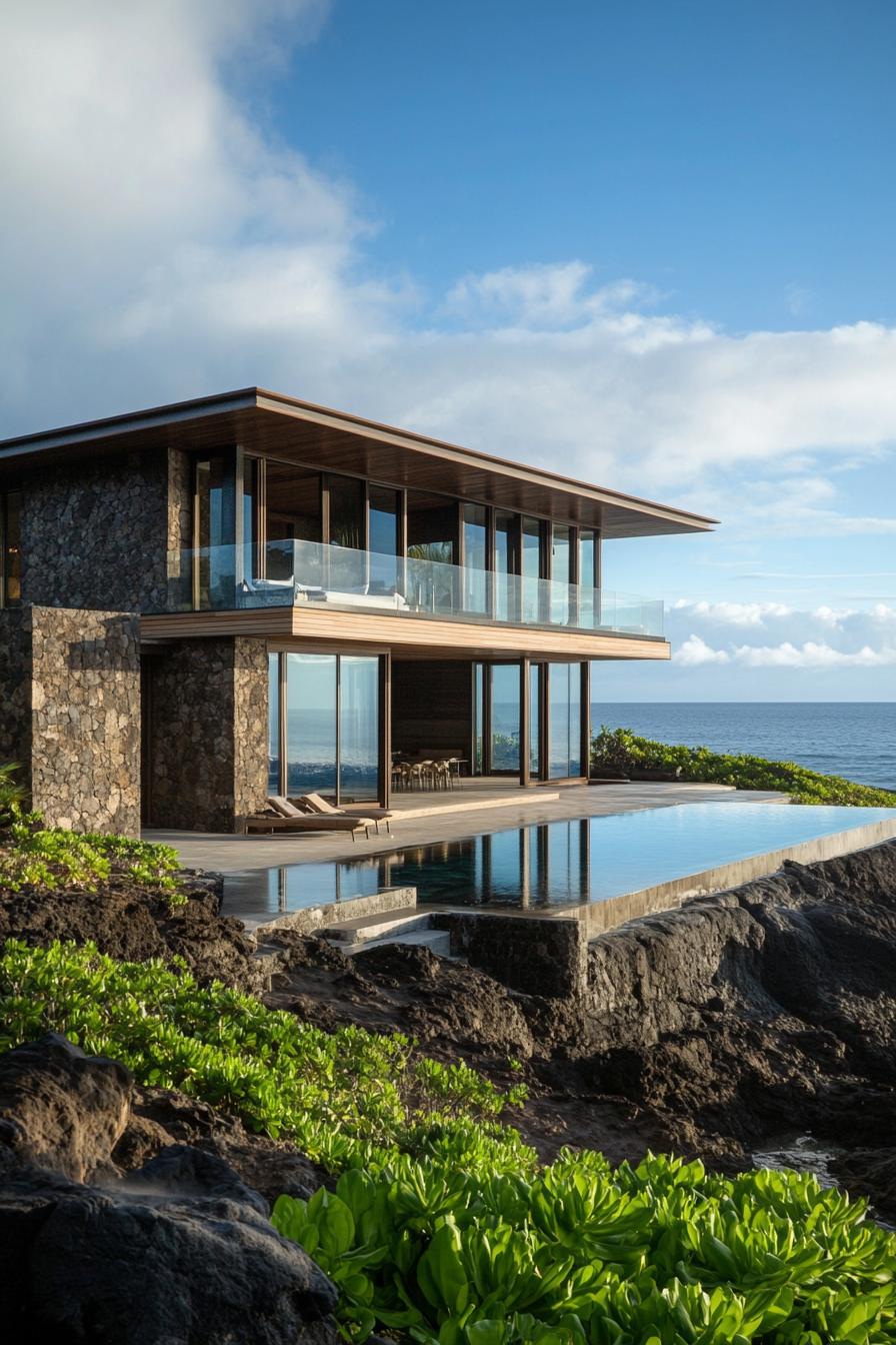 Modern beach house with glass walls overlooking the ocean