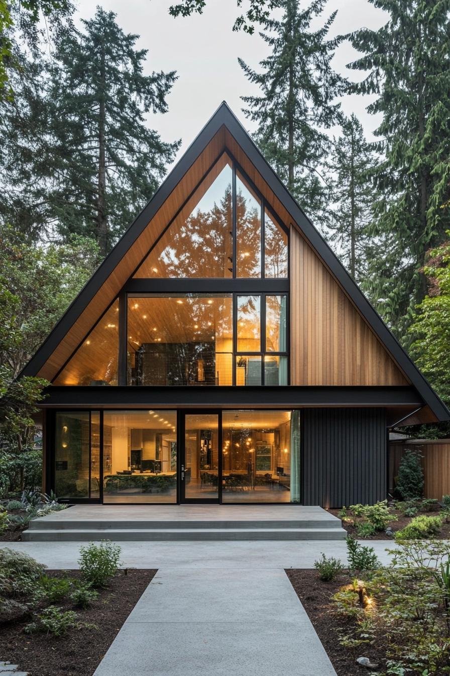 A modern A-frame bungalow nestled among tall trees