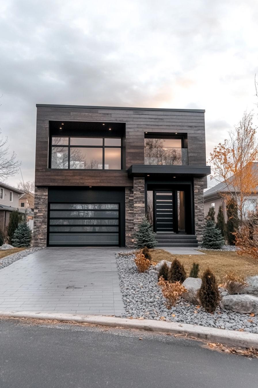 Modern house with a stone facade and geometric design