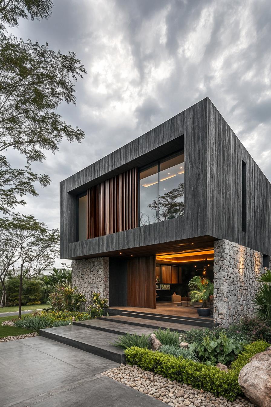 Modern house with stone and wooden facade