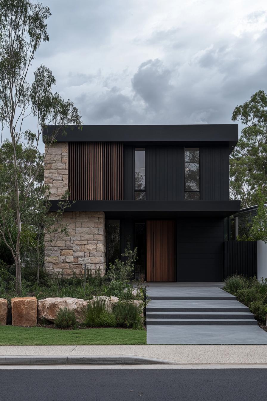 Modern house with a stone facade and lush greenery